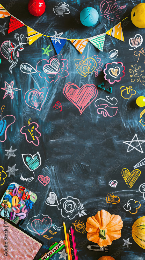 Naklejka premium Chalkboard with vibrant chalk drawings and classroom supplies on a wooden desk, learning concept