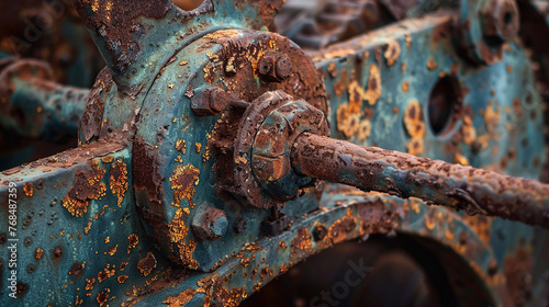  A close-up photograph capturing the intricate details of a rusted farm implement, transformed into a work of art through the lens of the camera. 
