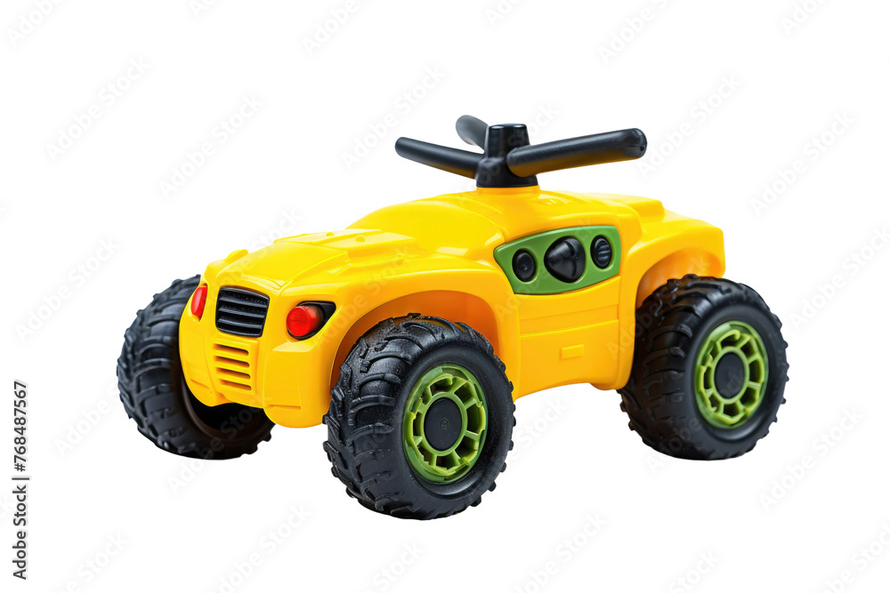 A bright yellow toy car with vibrant green wheels. The toy cars design is simple and eye-catching, perfect for imaginative play. Isolated on a Transparent Background PNG.
