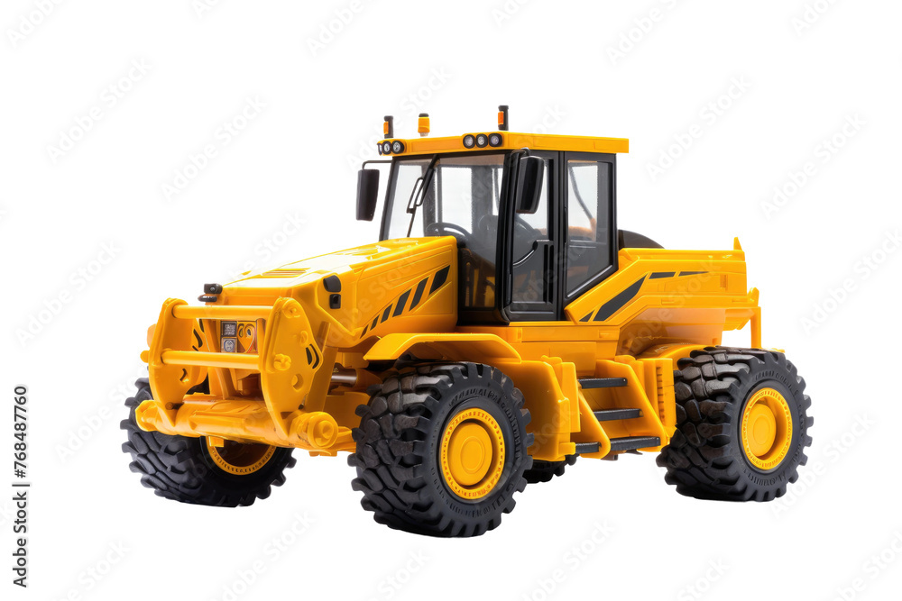 A bright yellow toy truck. The truck is in focus, showcasing its wheels, body, and detailing. Isolated on a Transparent Background PNG.