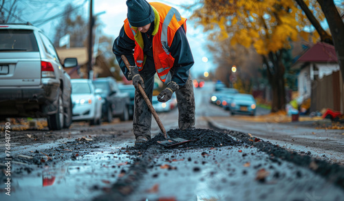 Man in safety vest repairing asphalt road with Shovel