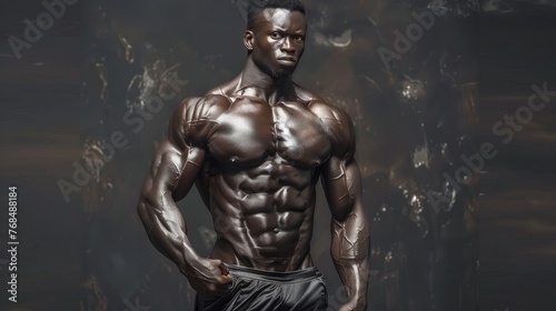 Exceptional athlete with a sculpted physique featuring defined abdominal, shoulder, bicep, tricep, and chest muscles.