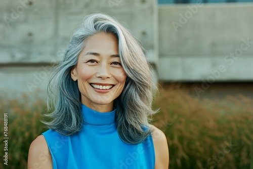 Portrait of a beautiful asian woman with blue hair smiling