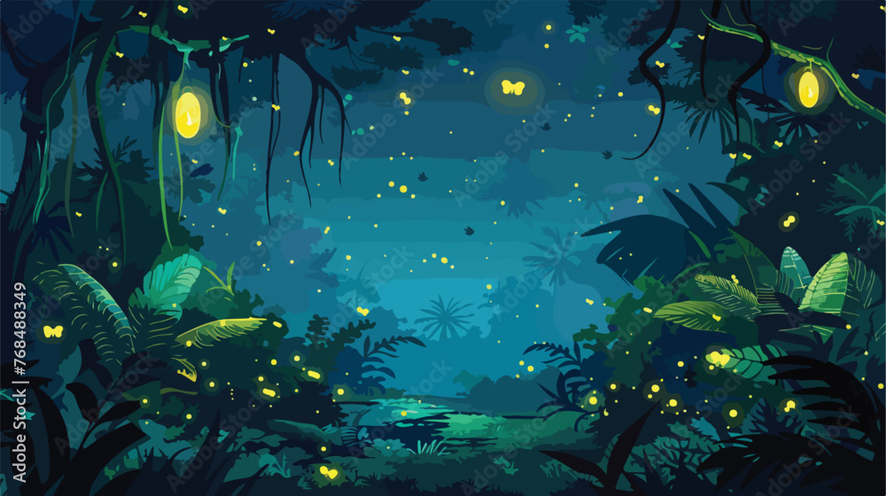 Night tropical jungle with fireflies. Atmospheric fant