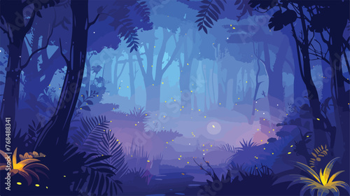 Night tropical jungle with fireflies. Atmospheric fant