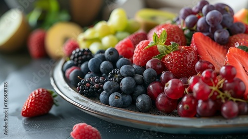 A plate filled with a variety of fresh fruits and berries rests on a table. Some fruits are partially in focus  allowing for ample copy space.