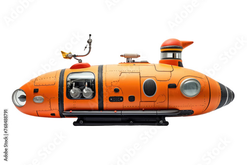 A small orange submarine. The submarine stands out with its vibrant color and unique shape, creating a striking contrast against the plain white surface. Isolated on a Transparent Background PNG.