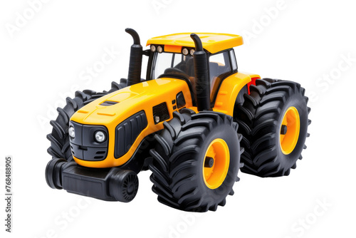 A small toy tractor. The tractor is yellow and black, with realistic details like wheels and a cab. Its size suggests it is a miniature replica. Isolated on a Transparent Background PNG.