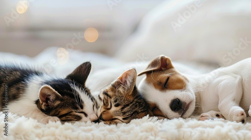 Cat and puppy cuddle on bed, adorable ,Cat and dog sleeping. Puppy and kitten sleep. on white blurred home background, with copy space, concept of sweet sleeping, friendship and peaceful slow life. 