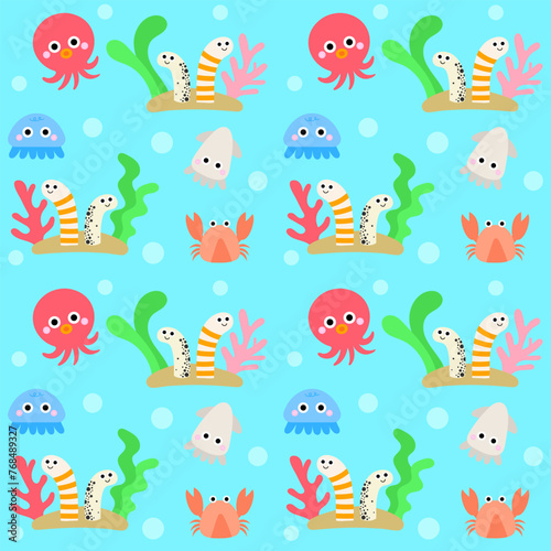 Cute kids seamless pattern Under the sea party blue vector illustration