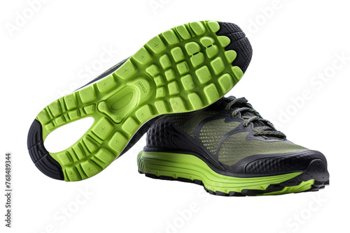 A pair of black and green running shoes. The shoes are designed for running and feature breathable mesh uppers, cushioned midsoles, and rubber outsoles. Isolated on a Transparent Background PNG.