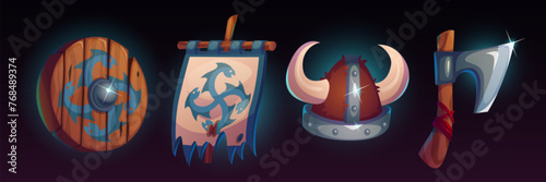 Medieval viking game icon with shield and weapon. Fantasy knight or warrior fight item set with axe, helmet and flag. Magic dungeon military asset kit. Nordic battle gamer inventory object collection