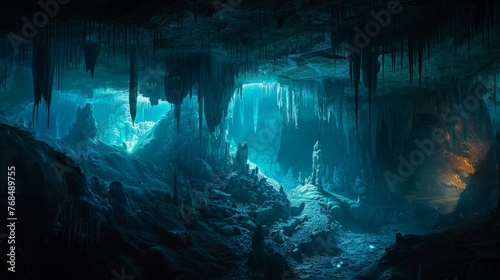 Underground cave system with stalactites and stalagmites illuminated by soft light