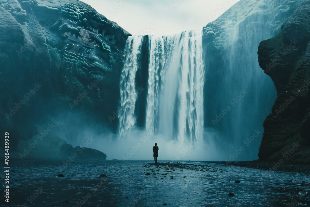 Silhouette of a man standing in front of a waterfall in Iceland - obrazy, fototapety, plakaty 