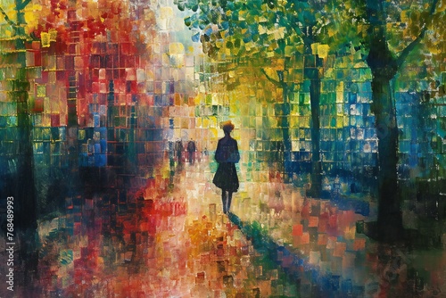 Silhouette of a woman in a black dress standing in the middle of a colorful city park