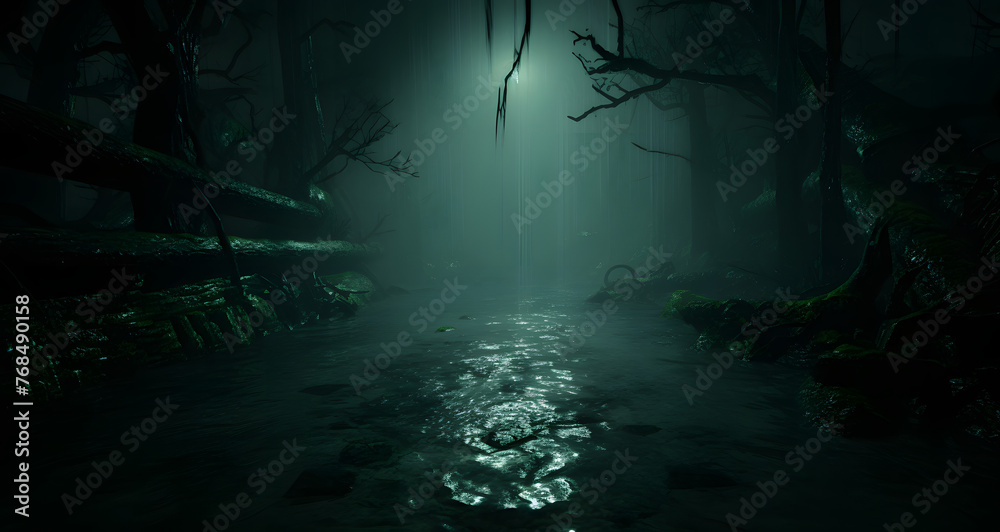 a green and black image of a swamp with a boat