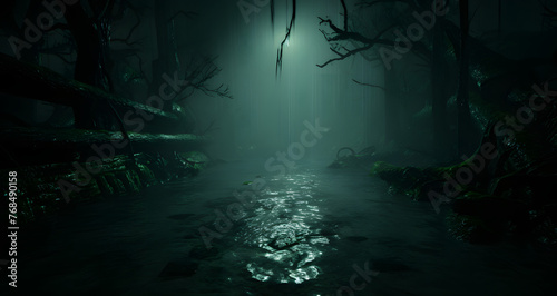 a green and black image of a swamp with a boat