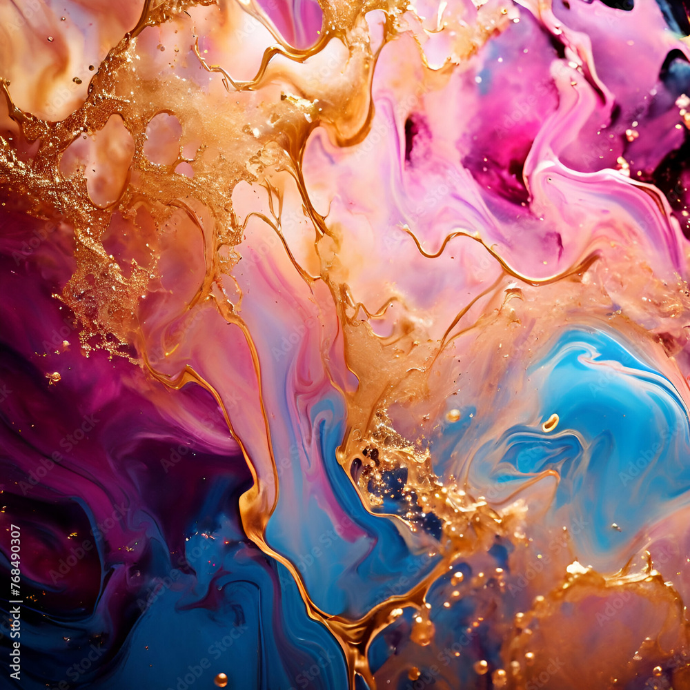 Color paint liquid mixture forming abstract marble texture with pink, blue and yellow colors.
