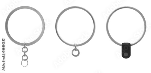Isolated metal keychain ring holder vector mockup. Silver round key chain fob for car, house. 3d realistic hanging steel frame accessory mock up. Chains part equipment for souvenir template design photo