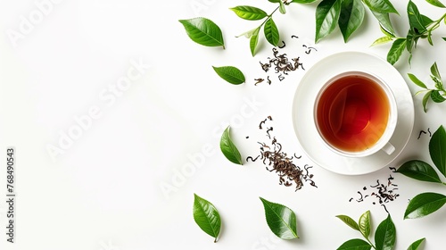 Cup of Tea and Coffee with Mint on Saucer Cup of tea and tea leaves border isolated on white background banner panorama, top view, flat lay  photo
