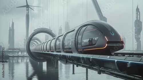 Sleek futuristic train gliding through a modern cityscape with skyscrapers shrouded in mist.