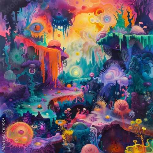 In a surreal dreamscape, imaginative creatures wander among landscapes painted in a vivid spectrum of colors