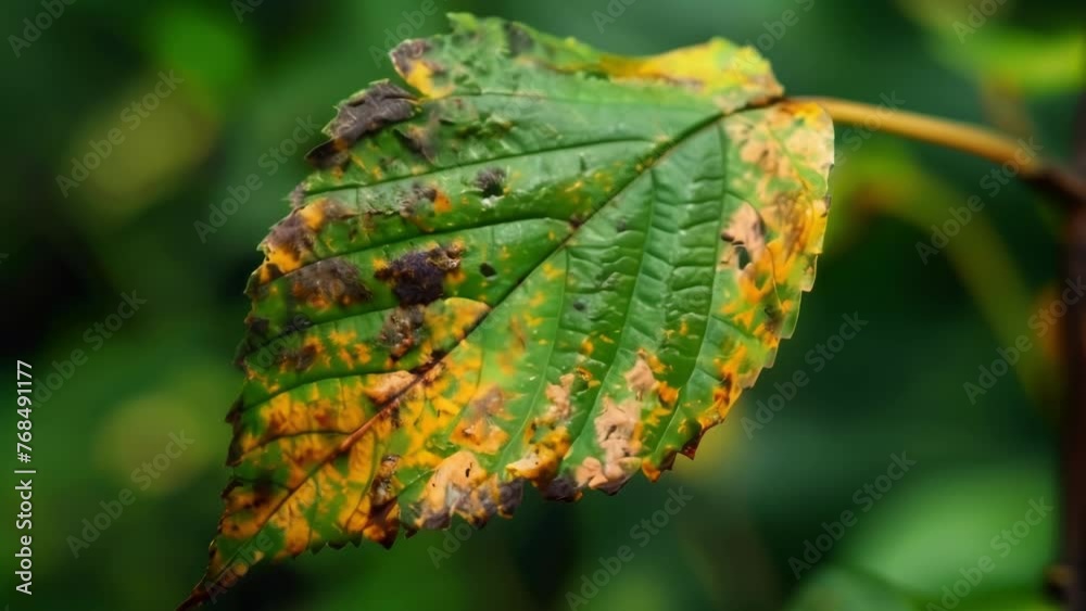 A closeup of a once vibrant green leaf now wilting and showing signs of decay from acid rain exposure. A closeup of a once vibrant green leaf now wilting and showing signs of decay from acid rain exposure.