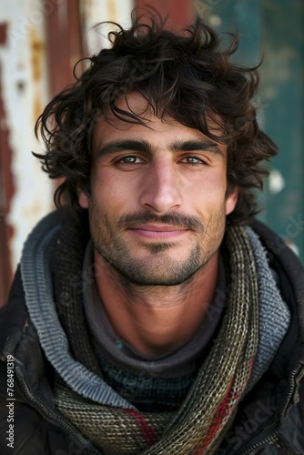 Portrait of a handsome young man with long dark hair and beard