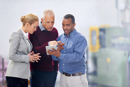 Business people, startup and tablet with conversation, planning and brainstorming with connection. Staff, coworkers and men with woman and technology with internet, talk or social media with teamwork