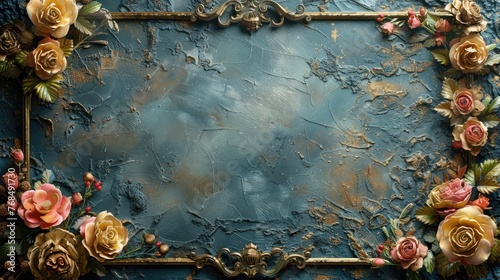 Golden Baroque Frame with Roses on Marble Background.