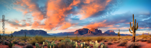  A panoramic view of the Arizona desert with cacti and mountains at sunset. Super fantastic clouds in the sky photo
