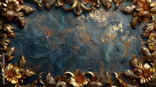 Ornate Golden Baroque Frame Elements on Textured Blue Marble.