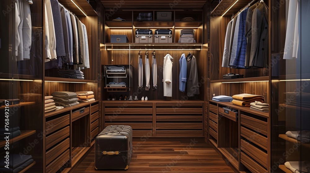 walk-in closet. Modern dark wooden walk in wardrobe with clothes ...