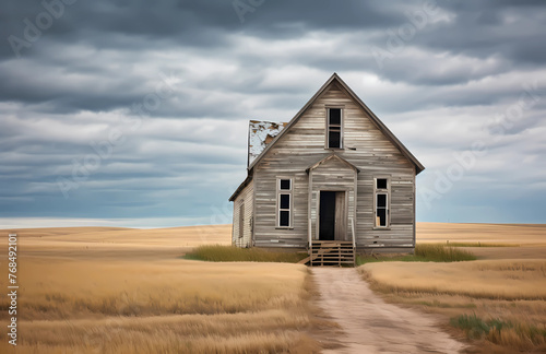  A realistic photo depicts an old  gray wooden schoolhouse situated in the middle of yellowed wheat fields on a cloudy day