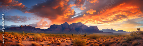  Panoramic view of the Arizona desert with Superstition Mountains at sunset, with dramatic orange and red clouds photo