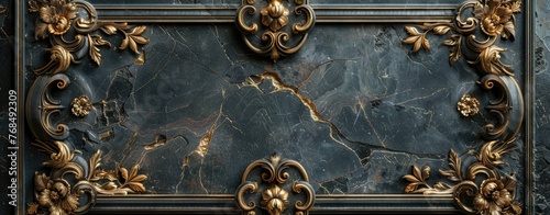 Dark Textured Backdrop with Golden Baroque Flourishes and Frame.