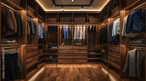walk-in closet. Modern dark wooden walk in wardrobe with clothes hanging on rail  3d walk in closet interior design.