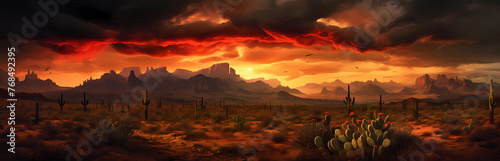 A digital painting of the Arizona desert with cacti, mountains and storm clouds in red orange and black 