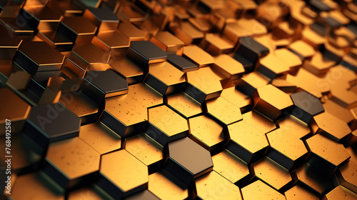 Digital golden 3d honeycomb structure hexagonal graphic poster web page PPT background