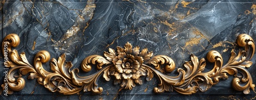 Golden Floral Baroque Elements on Marble Background.