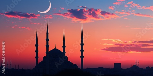 Silhouette of a mosque with minarets against a sunset sky, with a crescent moon above. photo