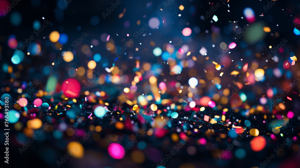 Bright colorful lights and confetti bokeh abstract background	