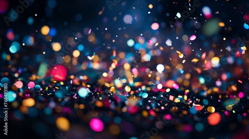 Bright colorful lights and confetti bokeh abstract background 
