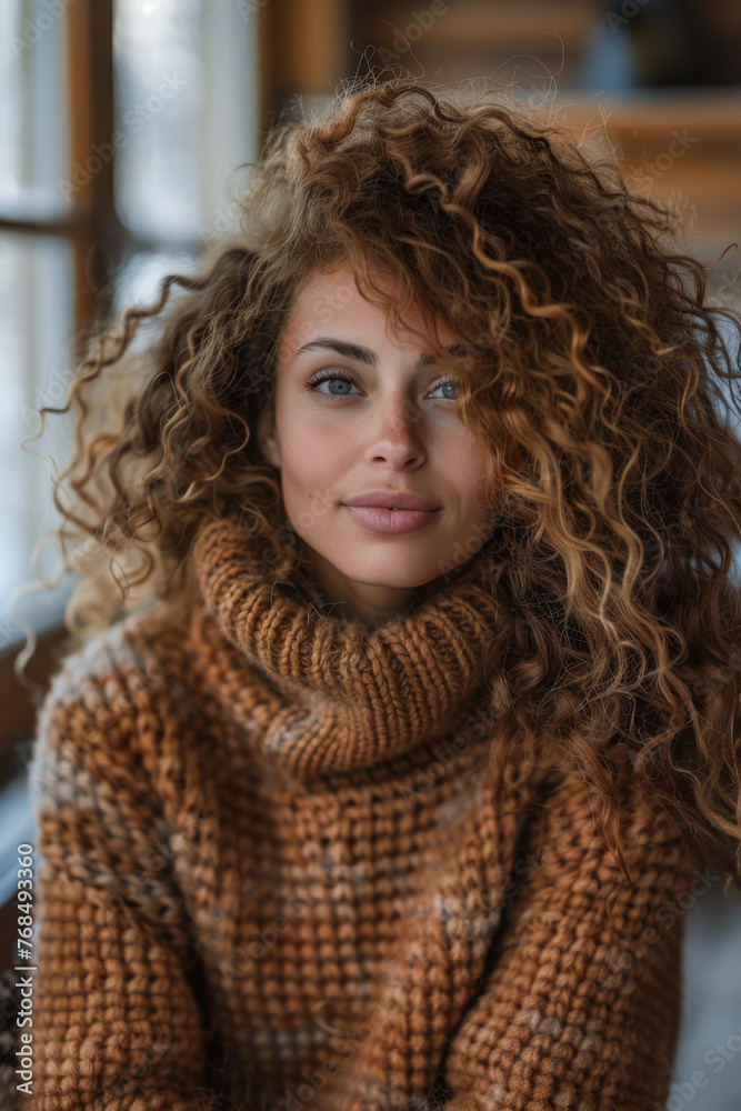 Young woman with curly hair and a cozy sweater. Warm tones composition. Young woman with curly hair and a cozy sweater. Warm tones composition.