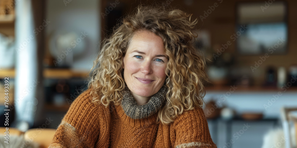 Young woman with curly hair and a cozy sweater. Warm tones composition. Young woman with curly hair and a cozy sweater. Warm tones composition.