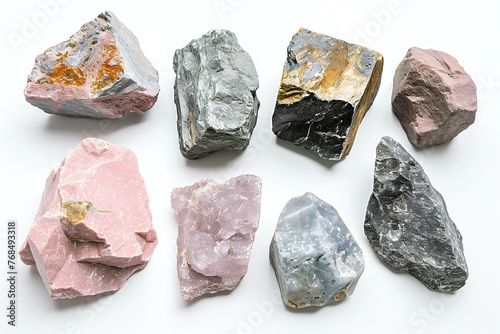 Collection of various minerals on white background,  each one is shot separately photo