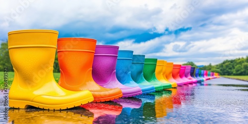 Vibrant rainbow-colored boots reflecting in water, symbolizing joy even on a rainy day.