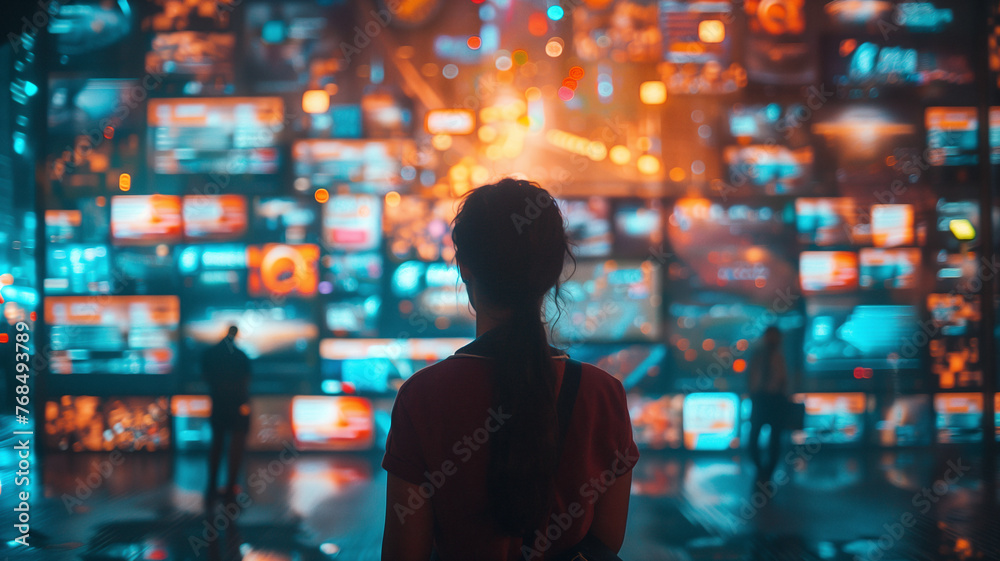 A person interacting with multiple screens displaying various digital media content, showcasing the integration of technology in visual communication and advertising A person interacting with multiple screens displaying various digital media content, showcasing the integration of technology in visual communication and advertising