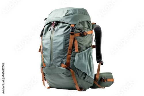 A green backpack with a brown strap. The backpack is ready for outdoor adventures or daily use. Isolated on a Transparent Background PNG.