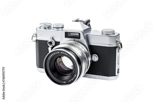 A silver and black camera. The cameras sleek design stands out against the clean backdrop, creating a minimalist and modern aesthetic. Isolated on a Transparent Background PNG.